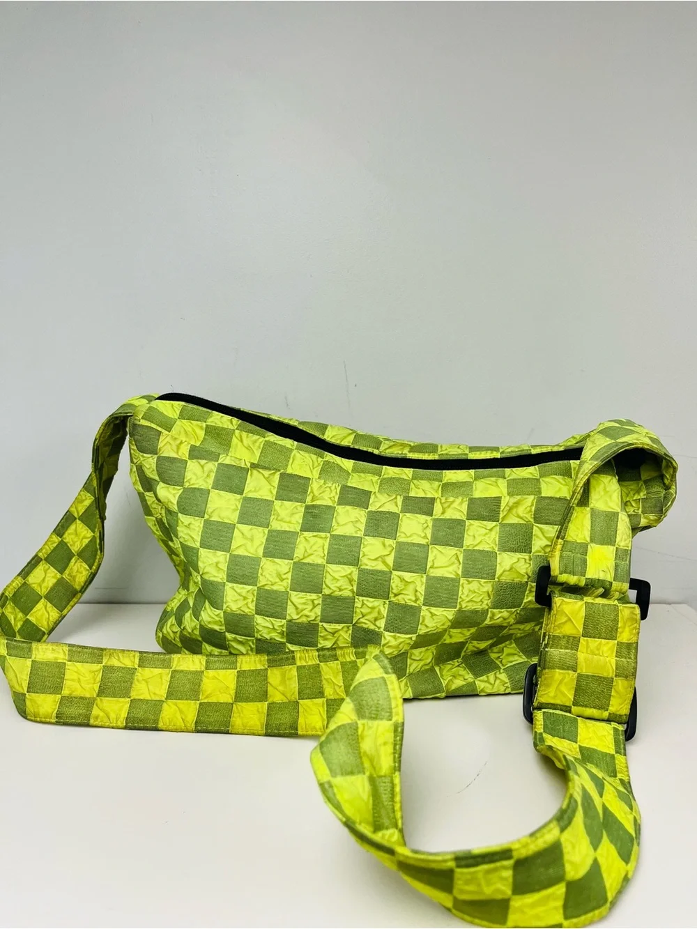 Neon Lime Green Checkered Crossbody Bag